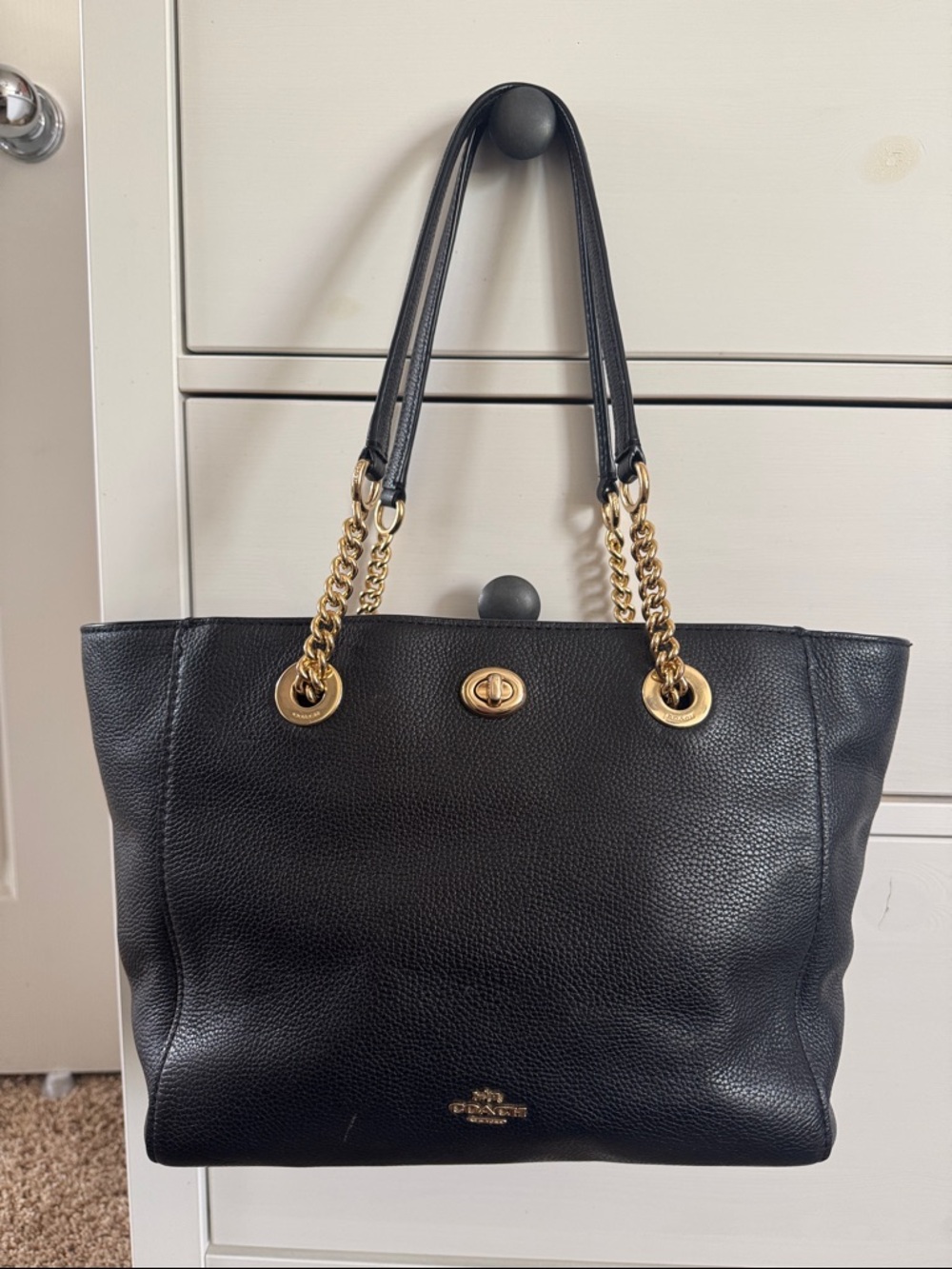 Coach Turnlock Chain Tote 57107 Black Leather Tote with Gold Chain Handles